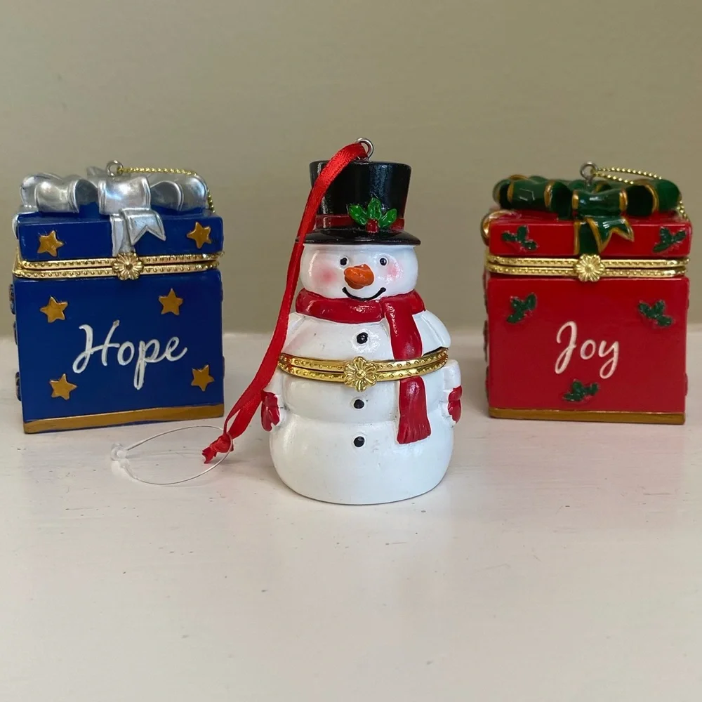Christmas Ornaments Snowman Luxury Trinket Box Set Collectible Gold Jewel Tones